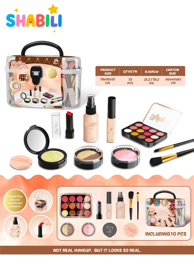 SHABILI 10 PCS Kids Pretend Makeup Kit for Girls, Beauty Playset with Eyeshadow Palette Lipstick Lip Gloss Blush Brushes and Carry Case for Creative Role Play, Fake Play Cosmetics Toy for Kids Age 3 Years+ Birthday Gift (Brown) - Image 1